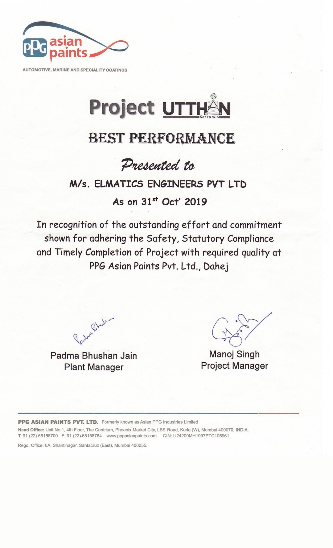 PPG Asian Paints Certificate of Appreciation 2019
