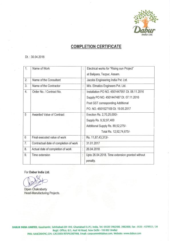 DABUR Job Completion Certificate